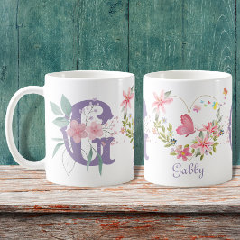 Taza De Café Elegante acuarela Floral Mariposa Monograma G
