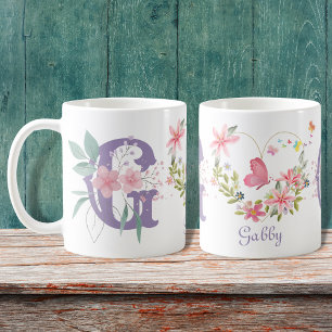 Taza De Café Elegante acuarela Floral Mariposa Monograma G