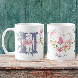 Taza De Café Elegante acuarela Floral Mariposa Monograma H