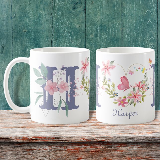 Taza De Café Elegante acuarela Floral Mariposa Monograma H (Subido por el creador)