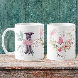 Taza De Café Elegante acuarela Floral Mariposa Monograma I