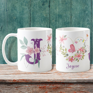 Taza De Café Elegante acuarela Floral Mariposa Monograma J