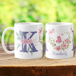 Taza De Café Elegante acuarela Floral Mariposa Monograma K
