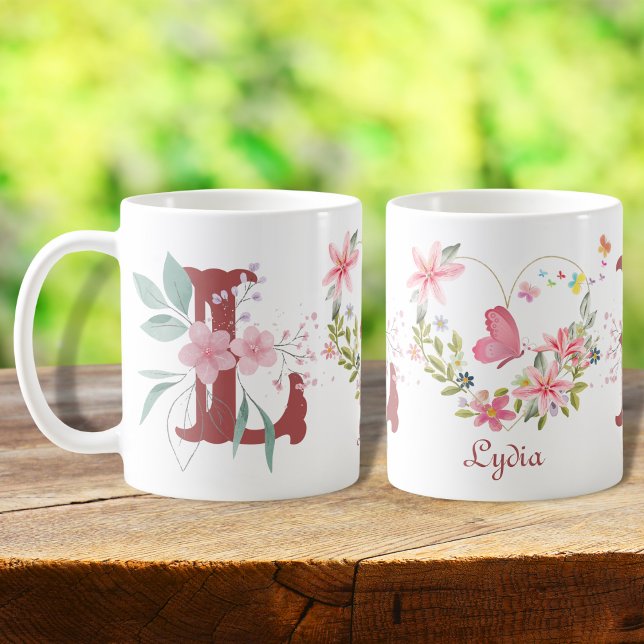 Taza De Café Elegante acuarela Floral Mariposa Monograma L (Subido por el creador)