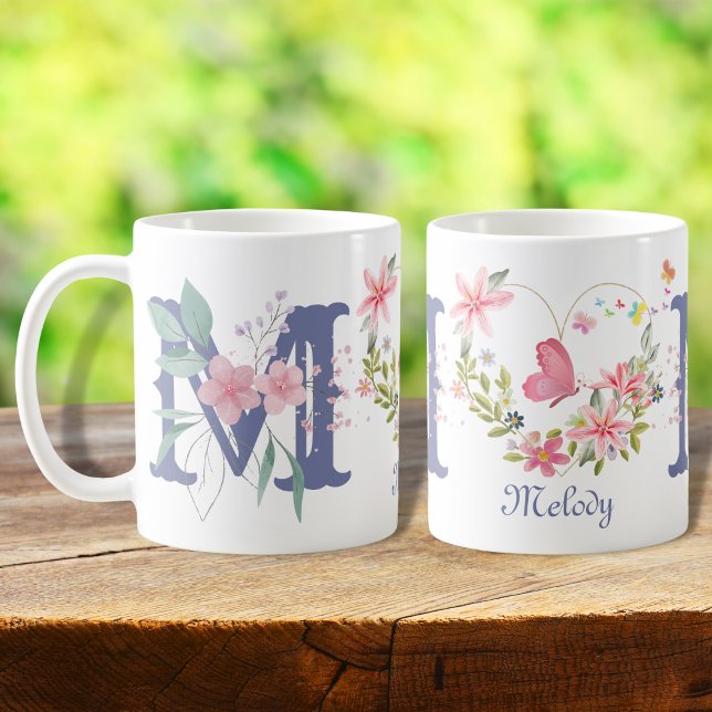 Taza De Café Elegante acuarela Floral Mariposa Monograma M (Subido por el creador)