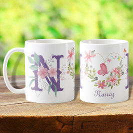 Taza De Café Elegante acuarela Floral Mariposa Monograma N