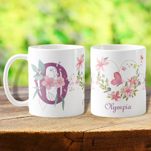 Taza De Café Elegante acuarela Floral Mariposa Monograma O
