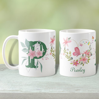 Taza De Café Elegante acuarela Floral Mariposa Monograma P