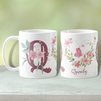 Taza De Café Elegante acuarela Floral Mariposa Monograma Q