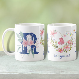 Taza De Café Elegante acuarela Floral Mariposa Monograma R