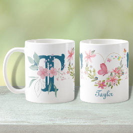 Taza De Café Elegante acuarela Floral Mariposa Monograma T