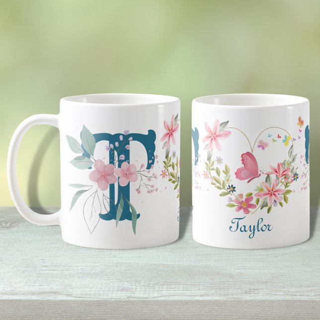 Taza De Café Elegante acuarela Floral Mariposa Monograma T (Subido por el creador)