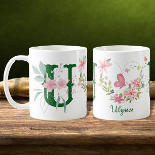 Taza De Café Elegante acuarela Floral Mariposa Monograma U