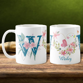 Taza De Café Elegante acuarela Floral Mariposa Monograma W