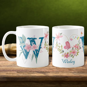 Taza De Café Elegante acuarela Floral Mariposa Monograma W