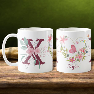 Taza De Café Elegante acuarela Floral Mariposa Monograma X