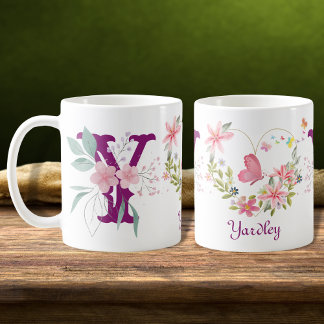 Taza De Café Elegante acuarela Floral Mariposa Monograma Y