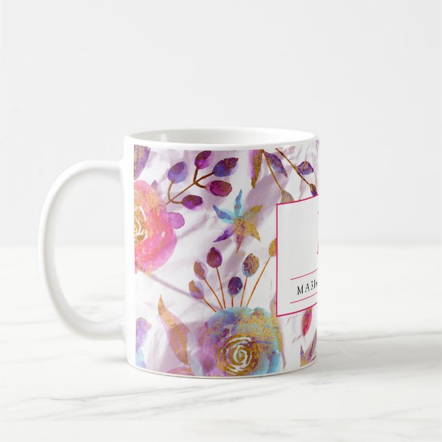 Taza De Café Elegante acuarela floral rosa y blanco (Izquierda)