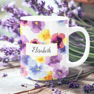 Taza De Café Elegante acuarela Pansy Floral iluminada a mano