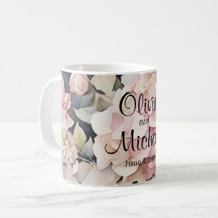 Taza De Café Elegante acuarela rosa hidrangeas florales