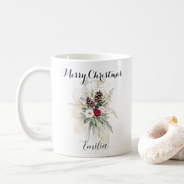 Taza De Café Elegante acuarela Rustic Pine Floral Navidades (Con donut)