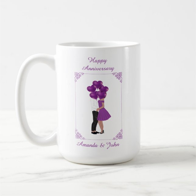 Taza De Café Elegante Aniversario Feliz Morado Personalizado Mu (Izquierda)