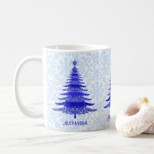 Taza De Café Elegante árbol de Navidad Azul copo de nieve perso