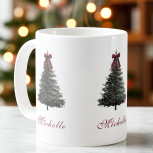 Taza De Café Elegante árbol de Navidad con lazo rojo script acu