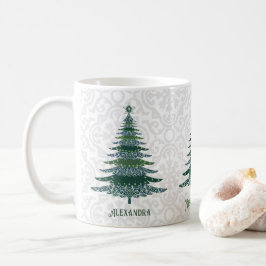 Taza De Café Elegante árbol de Navidad verde blanco personaliza
