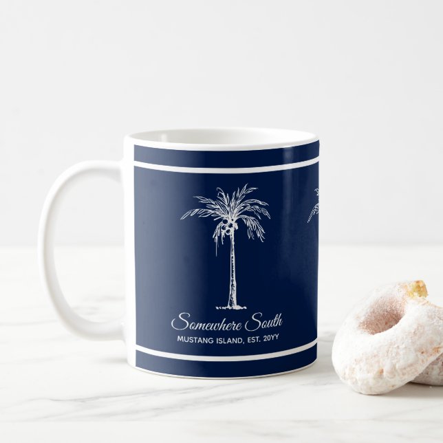 Taza De Café Elegante árbol de palmas blancas azules personaliz (Con donut)