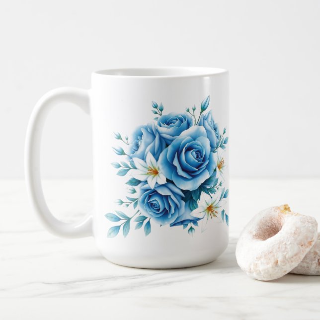 Taza De Café Elegante arte floral Rosa azul (Con donut)