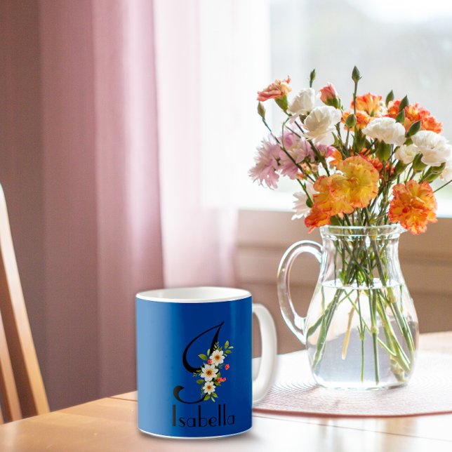 Taza De Café Elegante azul inicial floral Mug (Subido por el creador)