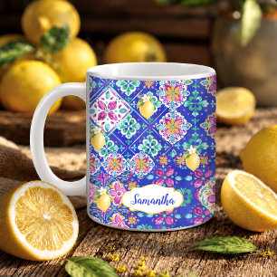Taza De Café Elegante azul rosa colaje de cítricos siciliano