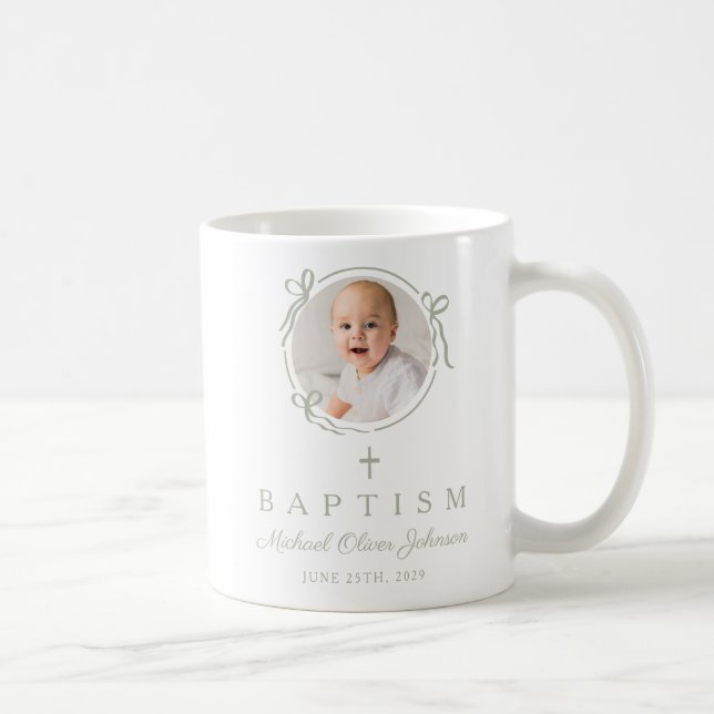 Taza De Café Elegante bautizo de foto de niño con lazo verde sa (Derecha)