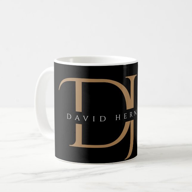 Taza De Café Elegante Black Gold Initials Monograma Personaliza (Anverso izquierdo)