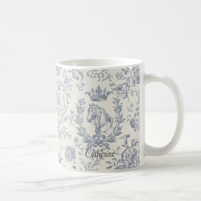 Taza De Café Elegante Blue Beige Equestrian Floral Toile Nombre (Derecha)