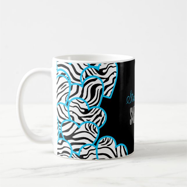 Taza De Café Elegante Blue Sweet 16 Zebra Heart Design Name (Izquierda)