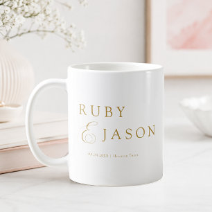 Taza De Café Elegante Boda Blanca Guión Beige-Oro Real