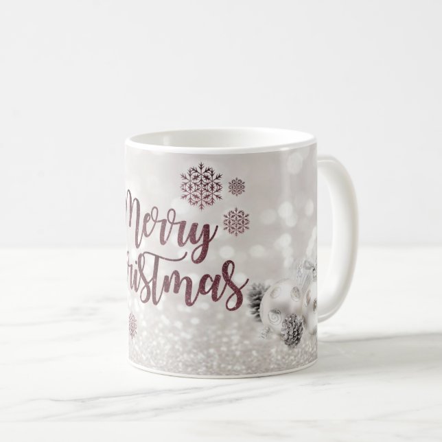 Taza De Café Elegante, bolas de Navidades, Bokeh Purpurinoso (Anverso derecho)