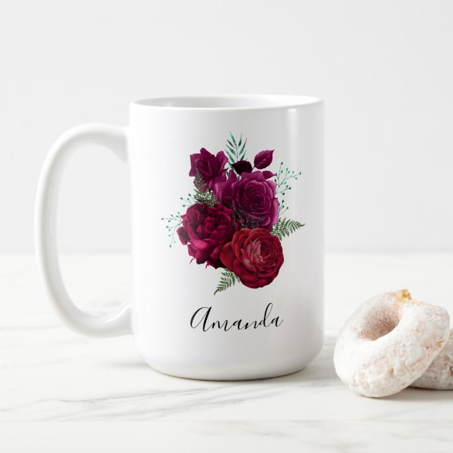 Taza De Café Elegante Bouquet Magenta Rosa Floral (Con donut)