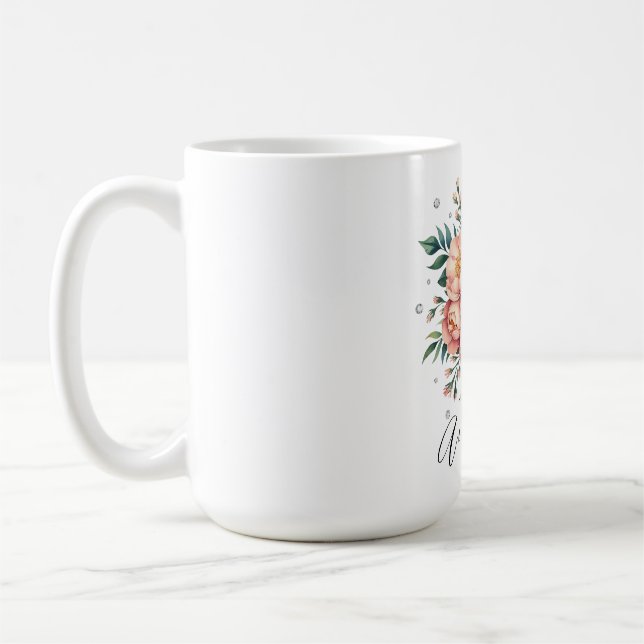 Taza De Café Elegante Bouquet Peach con Boda Diamonds (Izquierda)