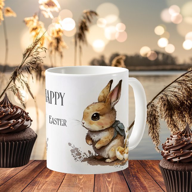 Taza De Café Elegante Bunny acuarela Feliz Pascua (Classic mug featuring a watercolor painting of an Easter bunny with baby birds)