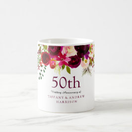 Taza De Café Elegante Burgundy Flores 50° Aniversario Boda