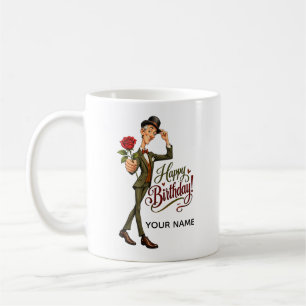 Taza De Café Elegante Caballero con Rosa – Feliz Cumpleaños