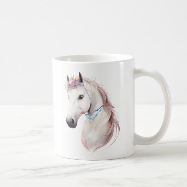 Taza De Café Elegante caballo blanco con arte floral (Derecha)