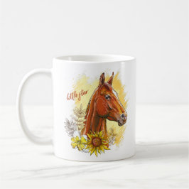 Taza De Café Elegante caballo de dibujo a mano con plantas y fl