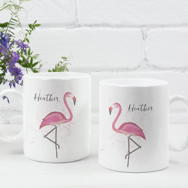 Taza De Café Elegante caligrafía moderna rosa flamenca trendy (A cute pink flamingo custom mug. With a watercolor pink flamingo)