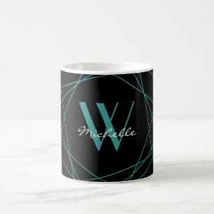 Taza De Café Elegante código Verde azulado monograma geométri