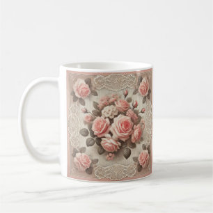 Taza De Café Elegante color rosa rosa rosa de época con encaje