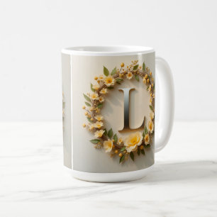 Taza De Café Elegante corona floral con letra L dorada
